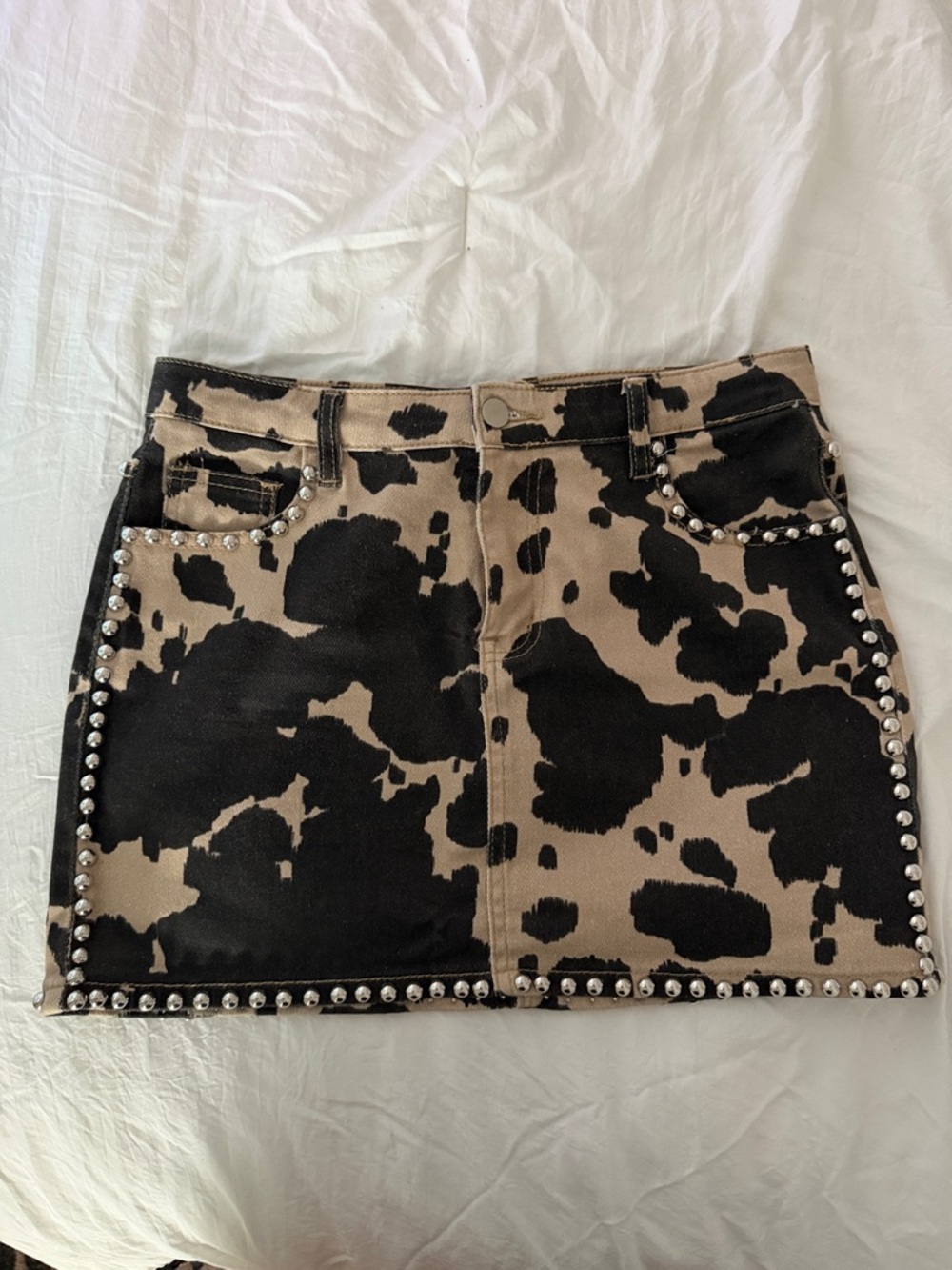 Missguided Black and Tan Cow Print Studded Mini Skirt